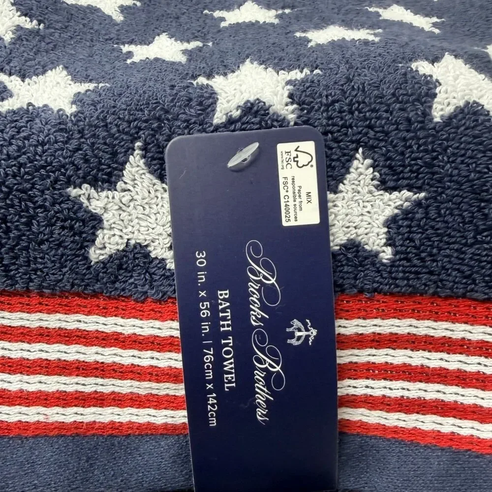 Brooks Brothers Patriotic Stars Stripes Navy Bath Towel Set 2pc 30x56 Cotton NWT